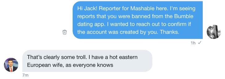 Tanya Tay's spouse, Jack Posobiec, Twitter chat with a reported for Mashable.